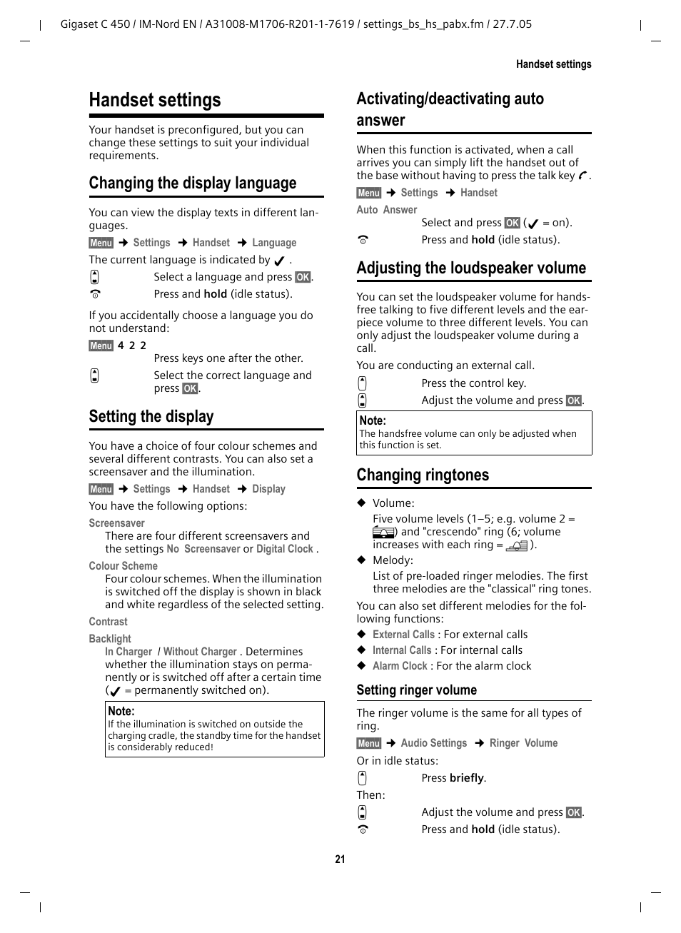 Handset settings, Changing the display language, Setting the display | Activating/deactivating auto answer, Adjusting the loudspeaker volume, Changing ringtones, Setting ringer volume | Siemens C450 User Manual | Page 22 / 33