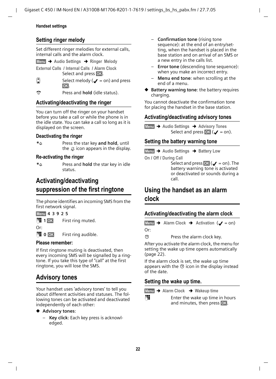 Setting ringer melody, Activating/deactivating the ringer, Advisory tones | Activating/deactivating advisory tones, Setting the battery warning tone, Using the handset as an alarm clock, Activating/deactivating the alarm clock, Setting the wake up time, Activating/deactivating, Suppression of the first ringtone | Siemens C450 User Manual | Page 23 / 33
