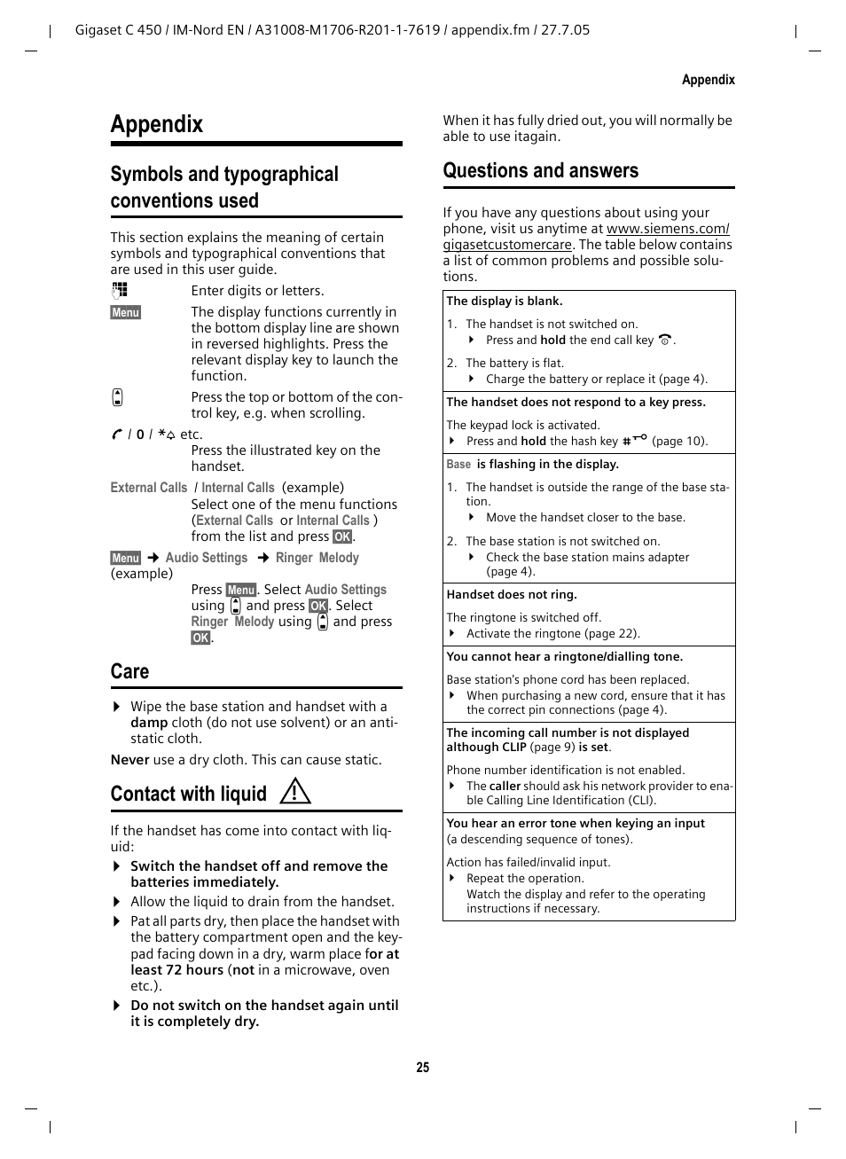 Appendix, Symbols and typographical conventions used, Care | Contact with liquid, Questions and answers, Symbols and typographical, Conventions used | Siemens C450 User Manual | Page 26 / 33