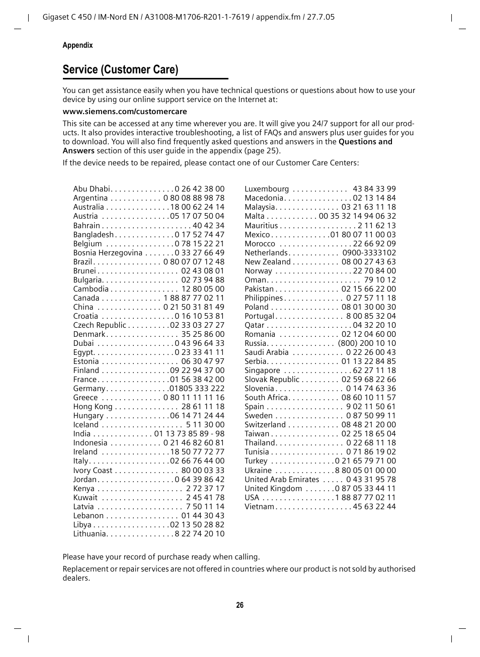 Service (customer care) | Siemens C450 User Manual | Page 27 / 33