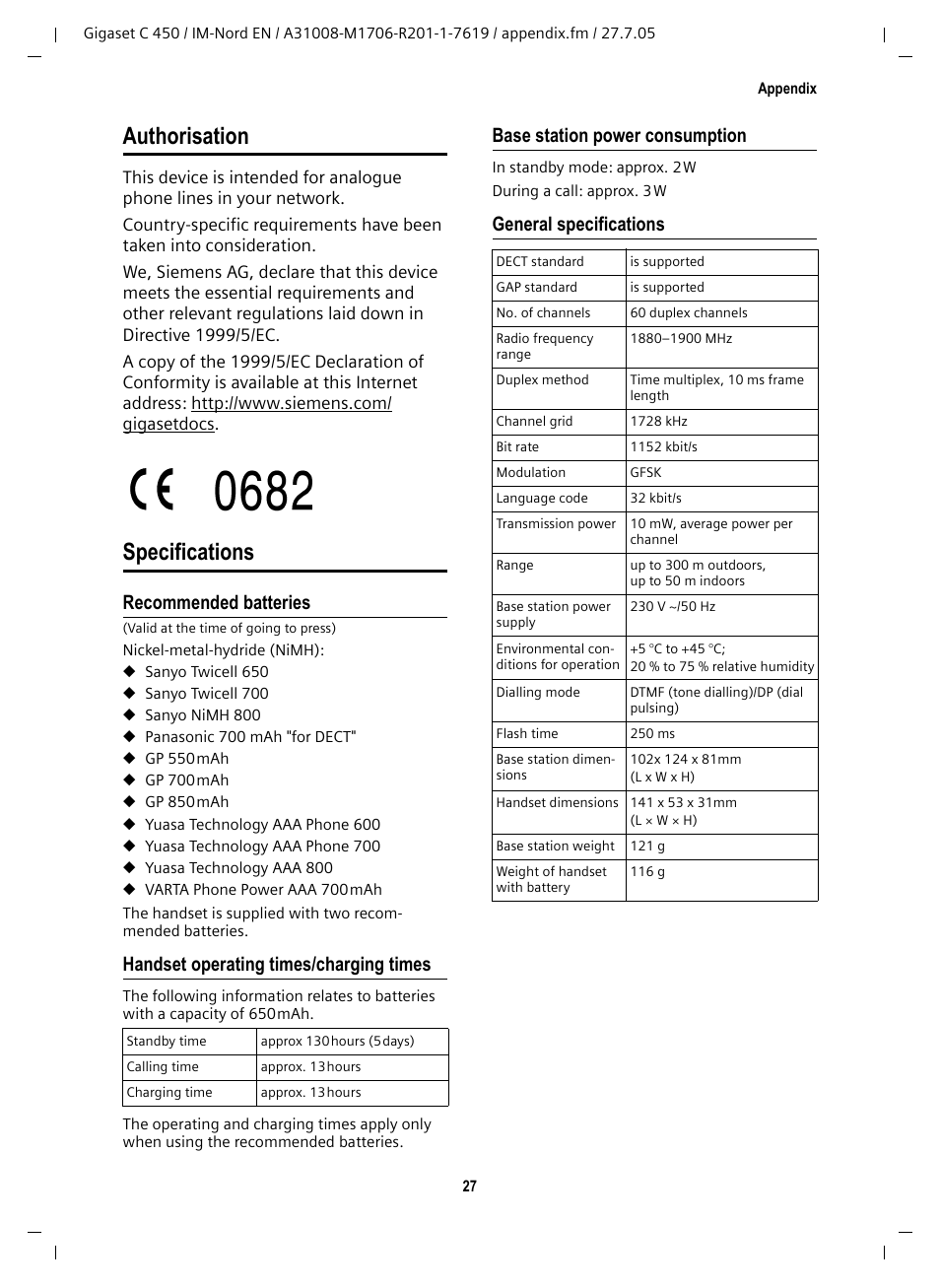 Authorisation, Specifications, Recommended batteries | Handset operating times/charging times, Base station power consumption, General specifications | Siemens C450 User Manual | Page 28 / 33