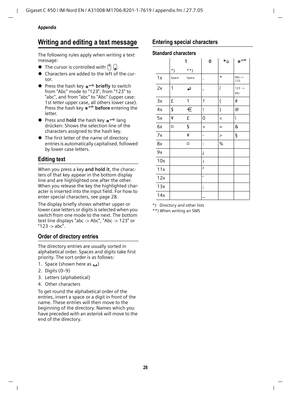 Editing text, Order of directory entries, Entering special characters | Writing and editing a text message | Siemens C450 User Manual | Page 29 / 33