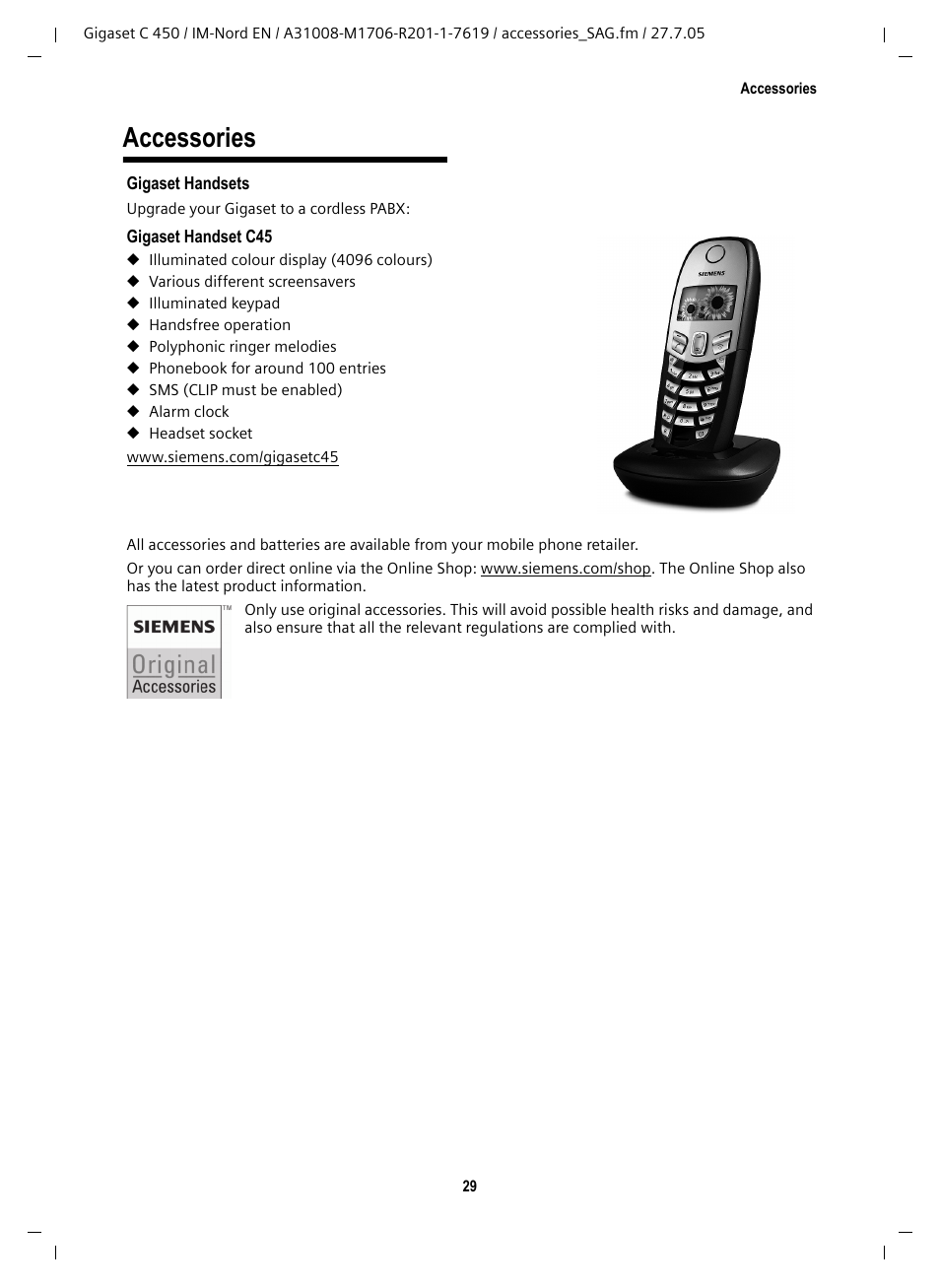 Accessories | Siemens C450 User Manual | Page 30 / 33