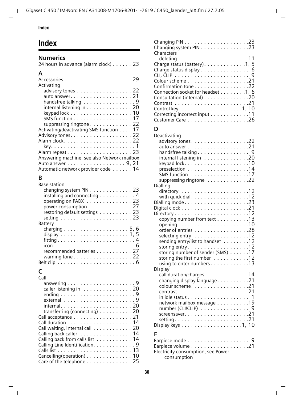 Index | Siemens C450 User Manual | Page 31 / 33