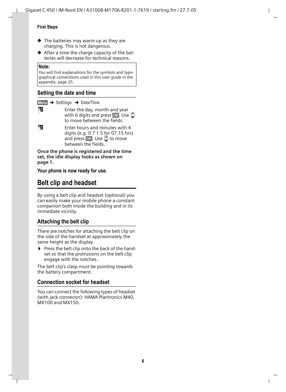 Setting the date and time, Belt clip and headset, Attaching the belt clip | Connection socket for headset | Siemens C450 User Manual | Page 7 / 33