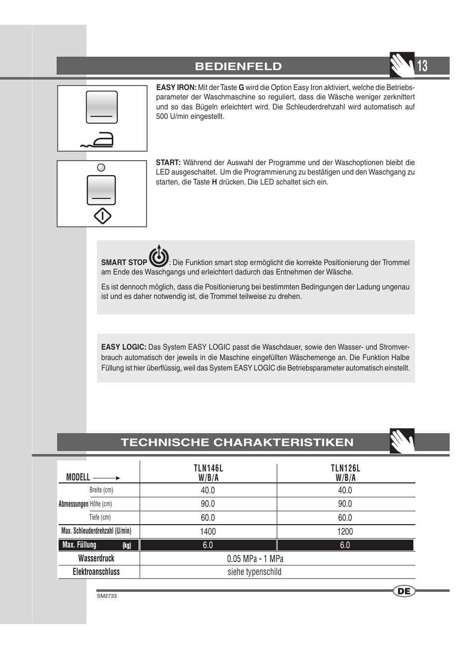 Bedienfeld, Technische charakteristiken | Ardo TLN126L User Manual | Page 13 / 44