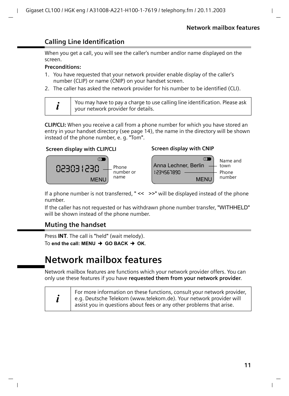 Calling line identification, Muting the handset, Network mailbox features | Calling line identification muting the handset | Siemens Gigaset CL100 User Manual | Page 11 / 31