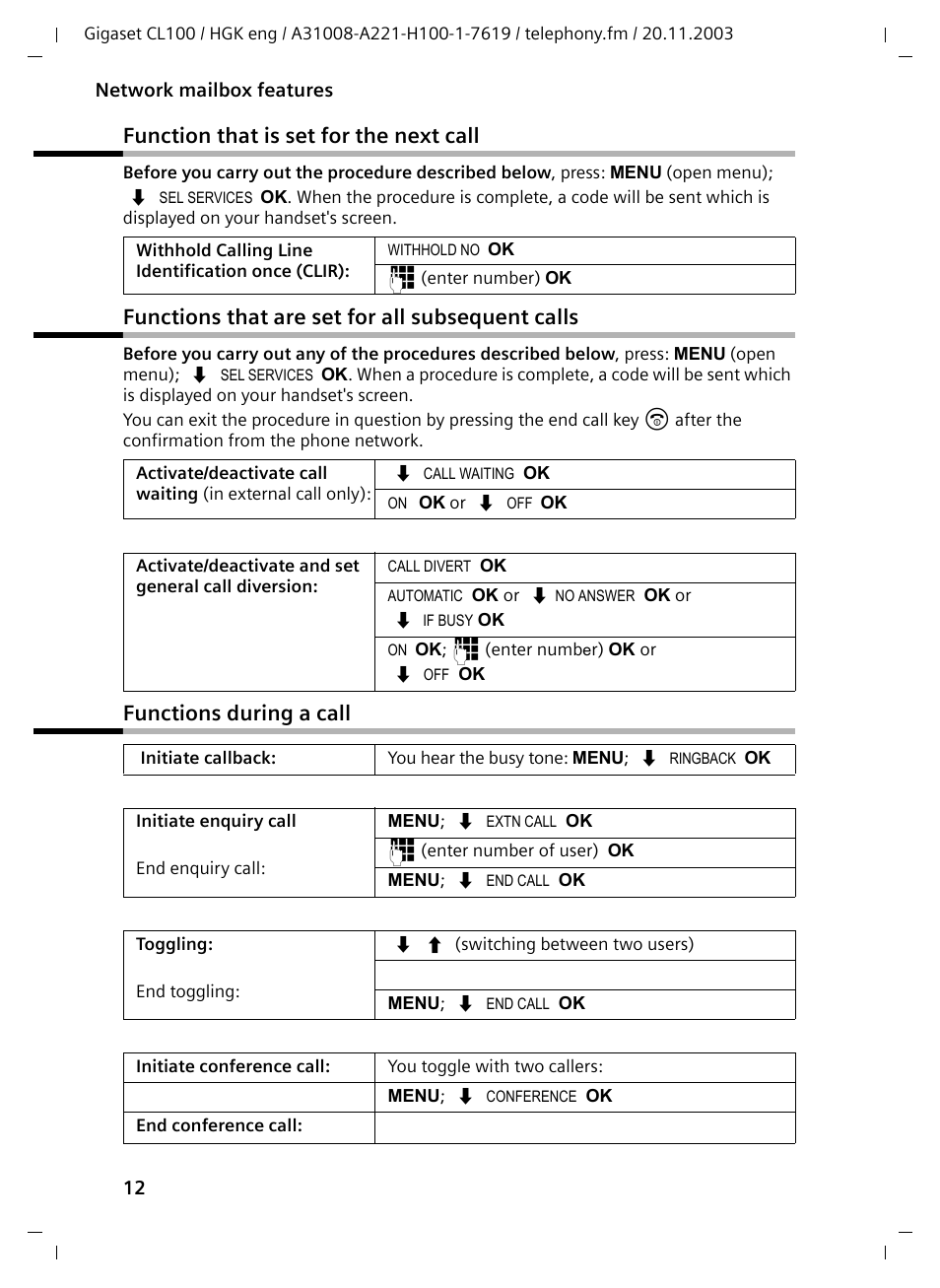 Function that is set for the next call, Functions that are set for all subsequent calls, Functions during a call | Siemens Gigaset CL100 User Manual | Page 12 / 31