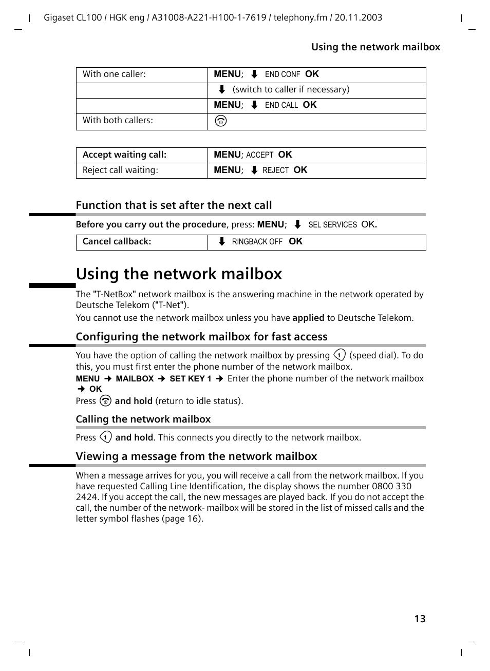 Function that is set after the next call, Using the network mailbox, Configuring the network mailbox for fast access | Calling the network mailbox, Viewing a message from the network mailbox | Siemens Gigaset CL100 User Manual | Page 13 / 31