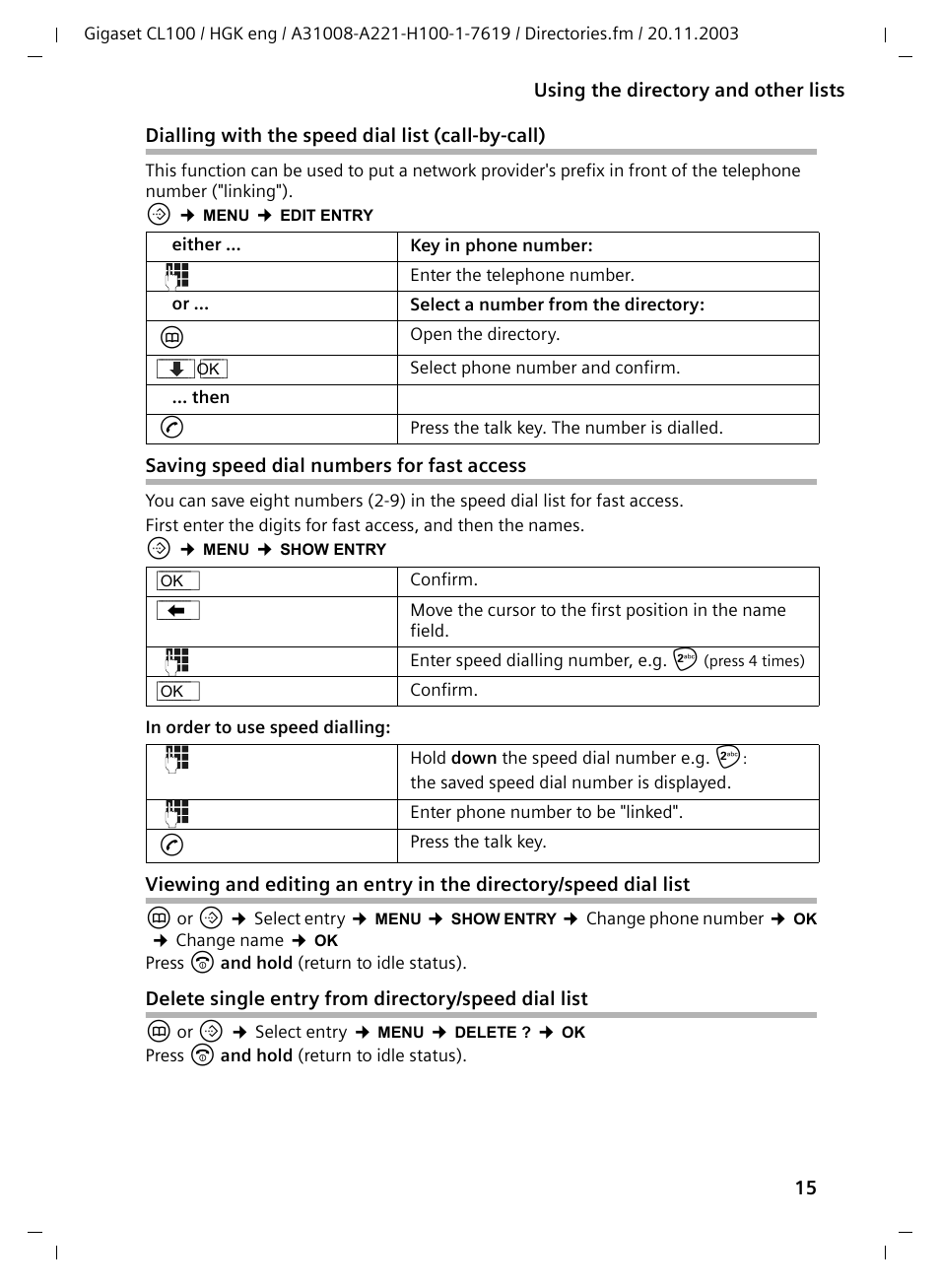 Dialling with the speed dial list (call-by-call), Saving speed dial numbers for fast access, Delete single entry from directory/speed dial list | Siemens Gigaset CL100 User Manual | Page 15 / 31