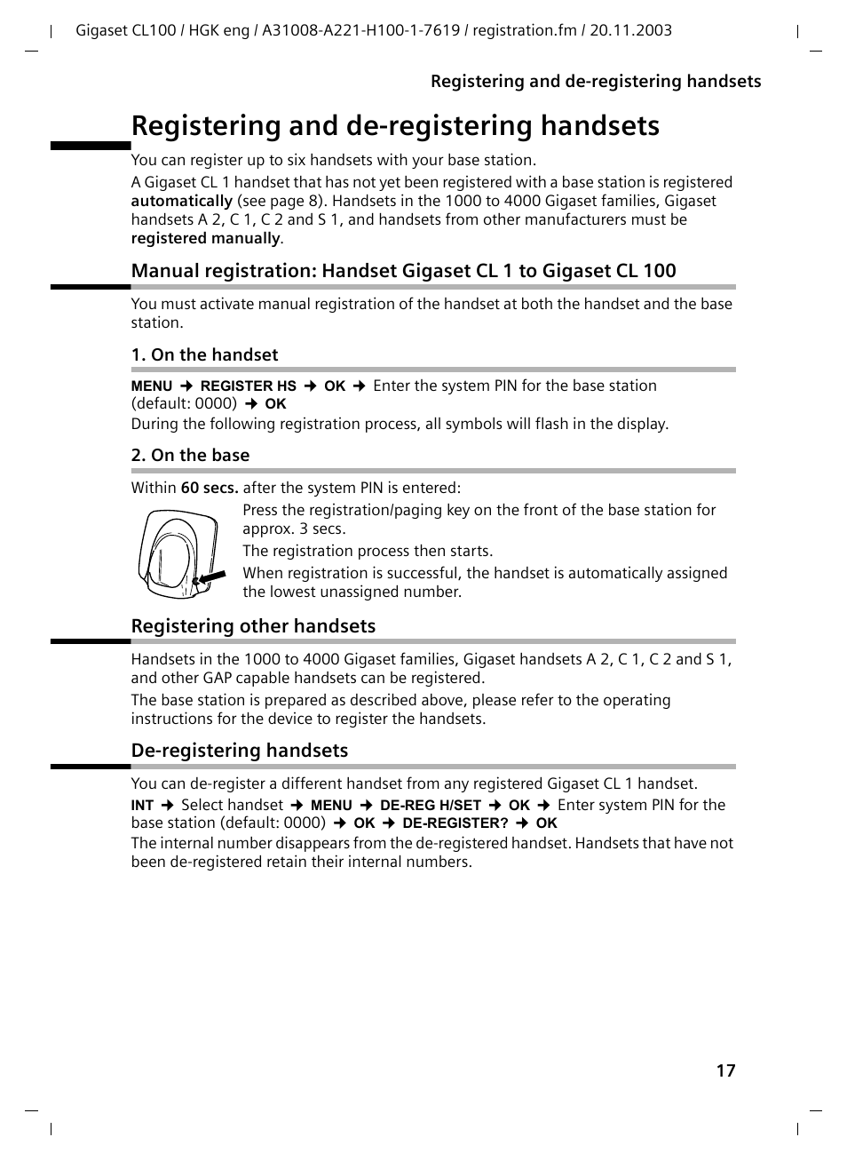 Registering and de-registering handsets, On the handset, On the base | Registering other handsets, De-registering handsets | Siemens Gigaset CL100 User Manual | Page 17 / 31