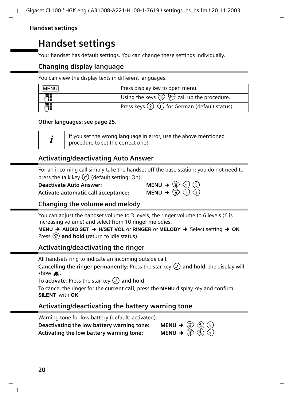 Handset settings, Changing display language, Activating/deactivating auto answer | Changing the volume and melody, Activating/deactivating the ringer, Activating/deactivating the battery warning tone | Siemens Gigaset CL100 User Manual | Page 20 / 31