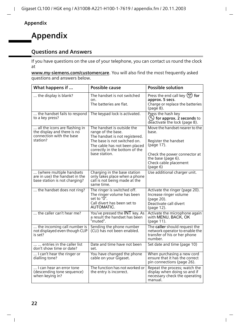 Appendix, Questions and answers | Siemens Gigaset CL100 User Manual | Page 22 / 31