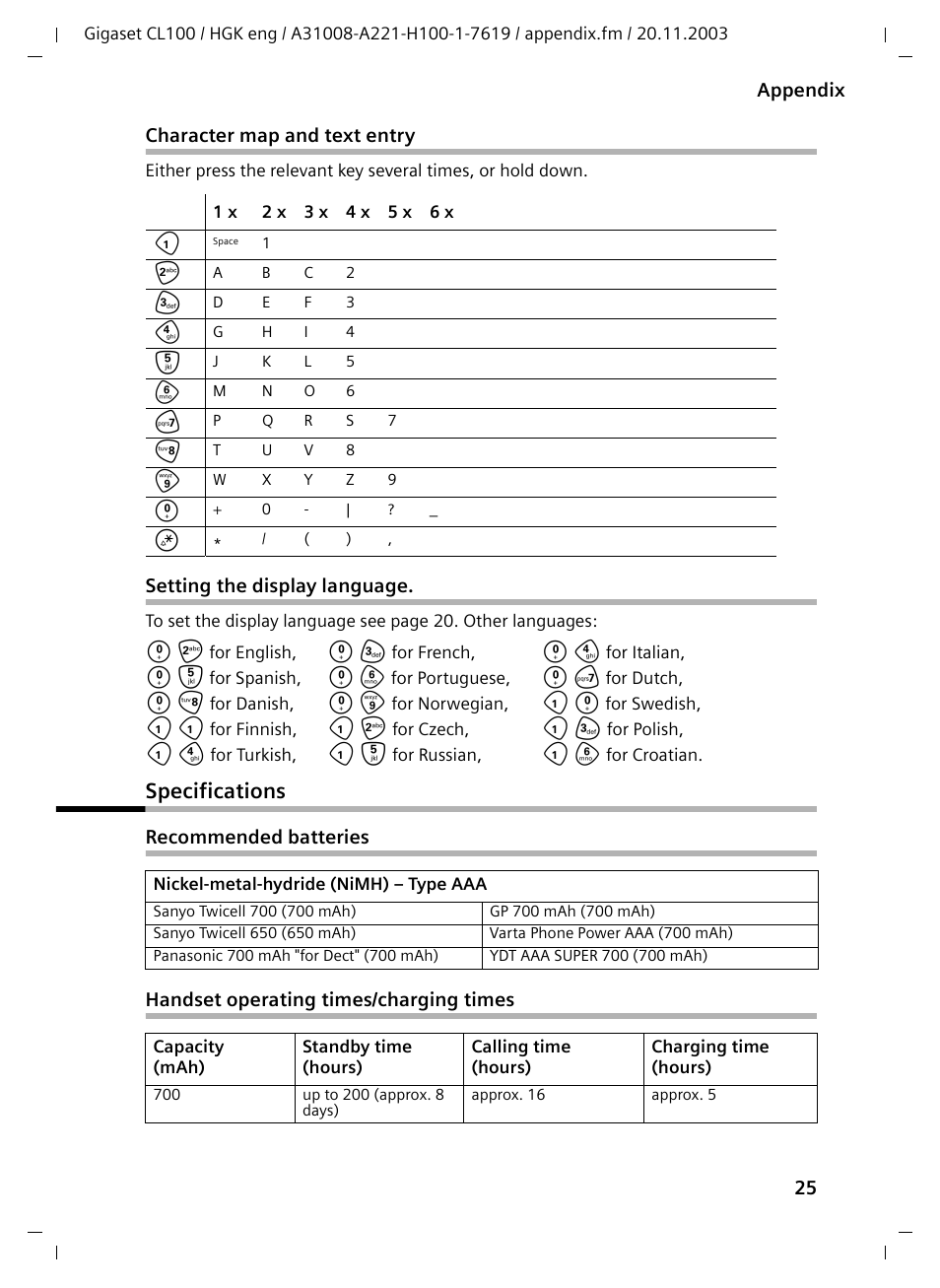 Character map and text entry, Setting the display language, Specifications | Recommended batteries, Handset operating times/charging times | Siemens Gigaset CL100 User Manual | Page 25 / 31