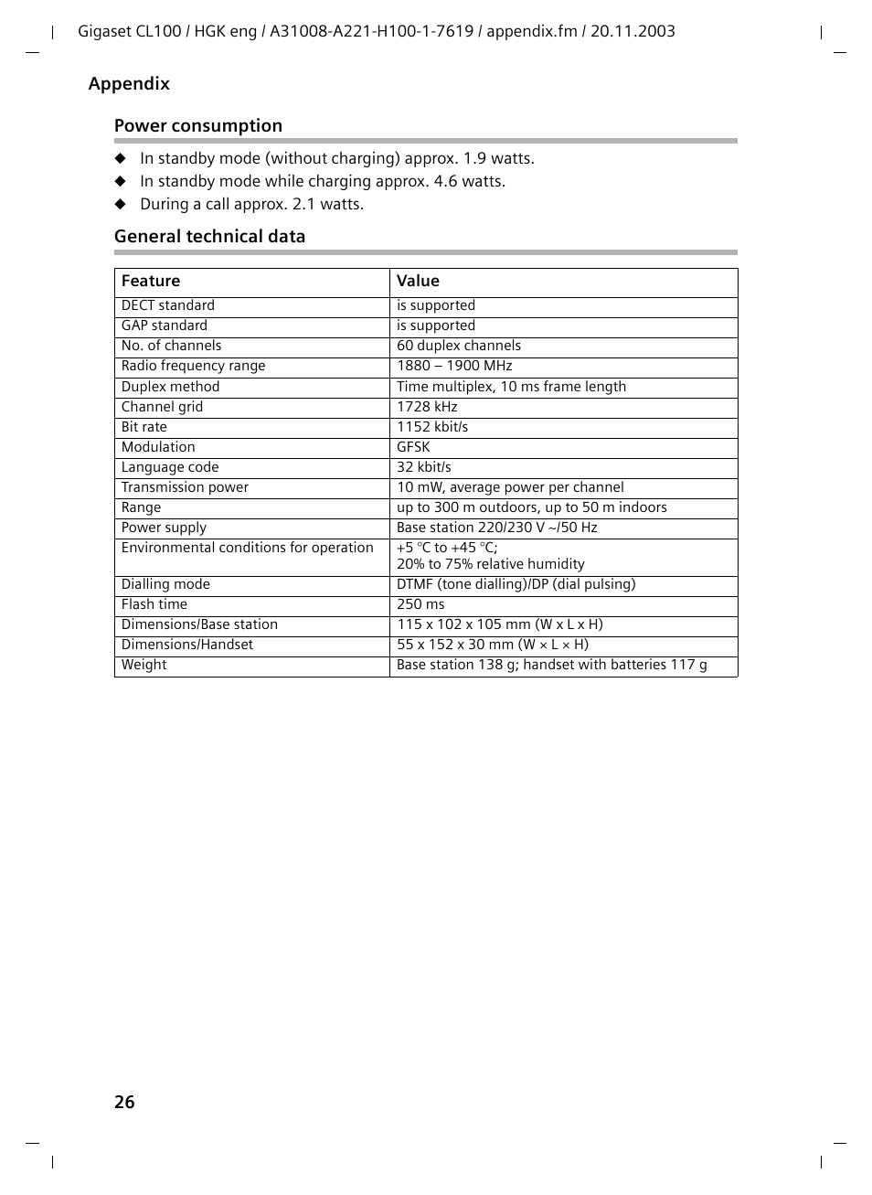 Power consumption, General technical data | Siemens Gigaset CL100 User Manual | Page 26 / 31