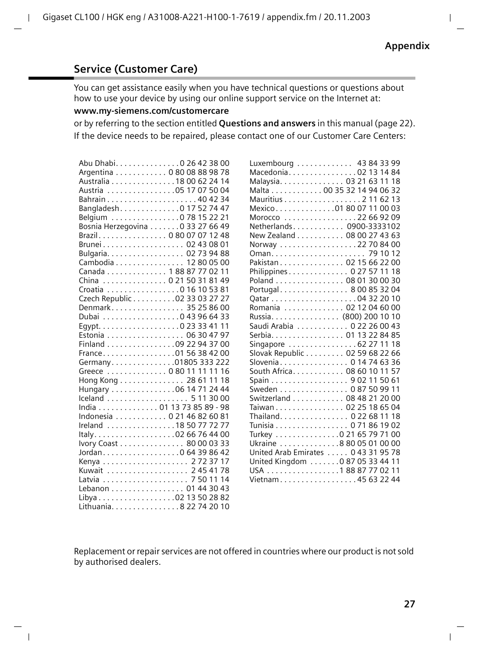 Service (customer care), 27 appendix | Siemens Gigaset CL100 User Manual | Page 27 / 31