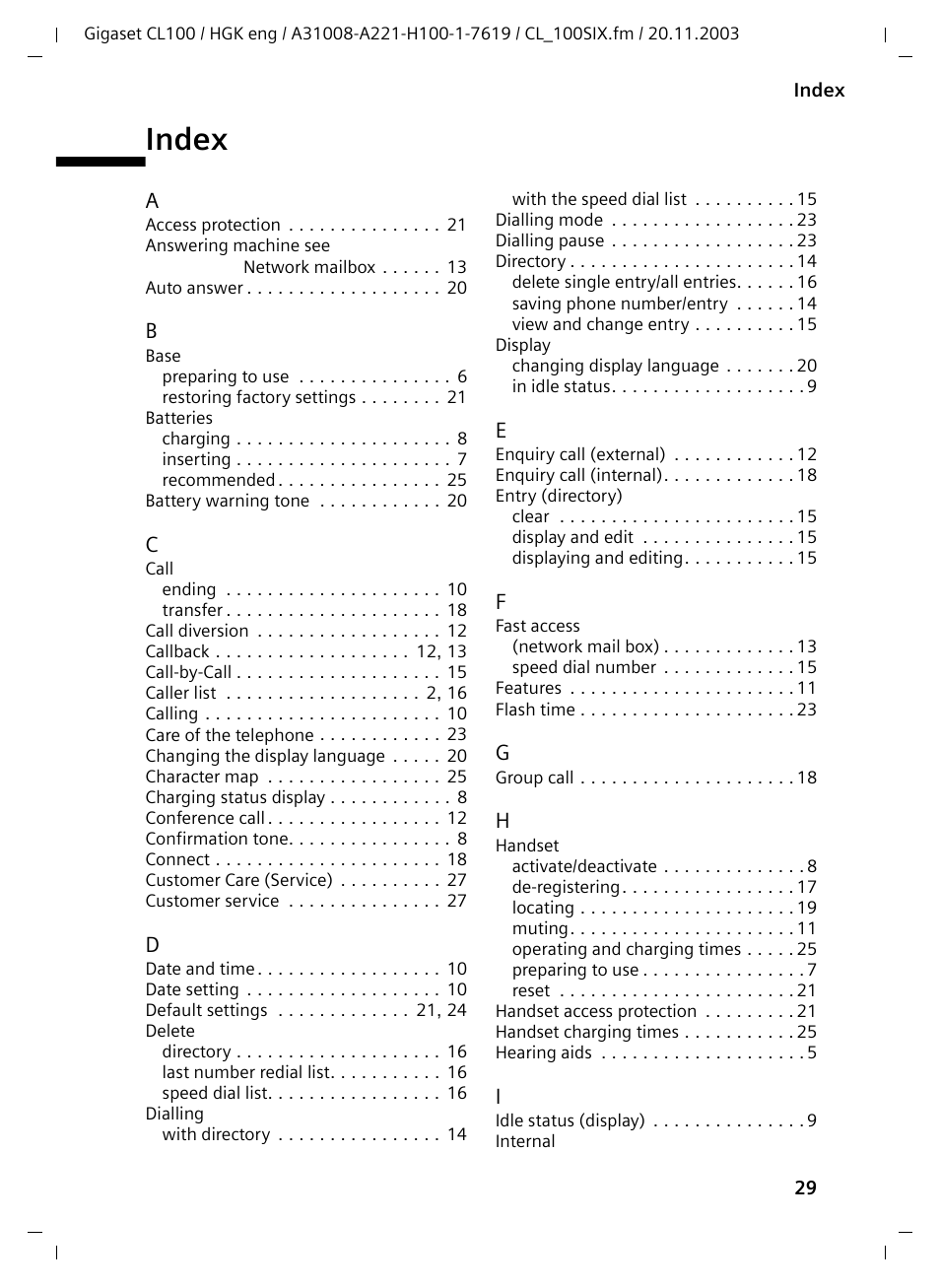 Index | Siemens Gigaset CL100 User Manual | Page 29 / 31