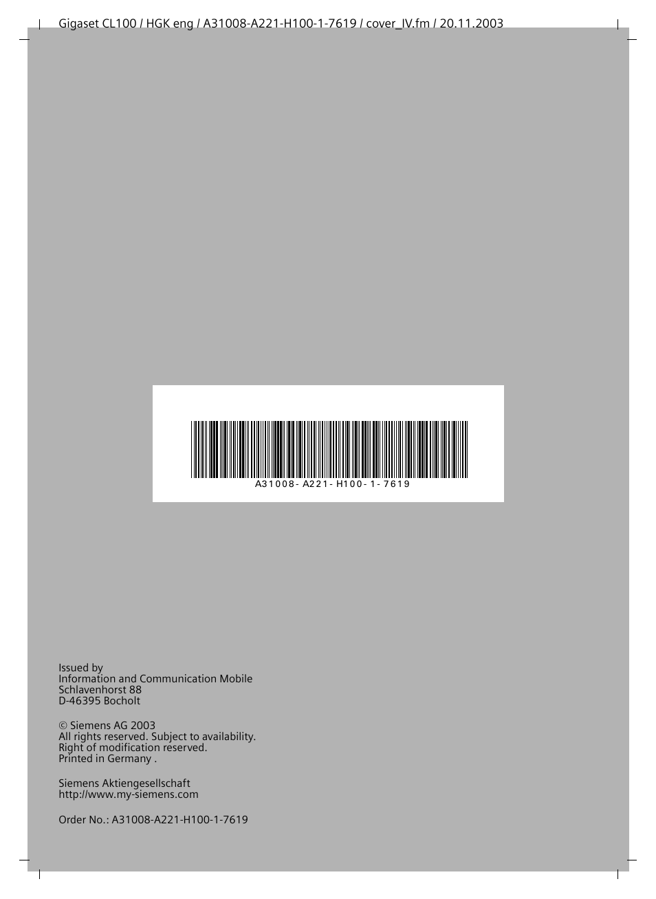 Siemens Gigaset CL100 User Manual | Page 31 / 31