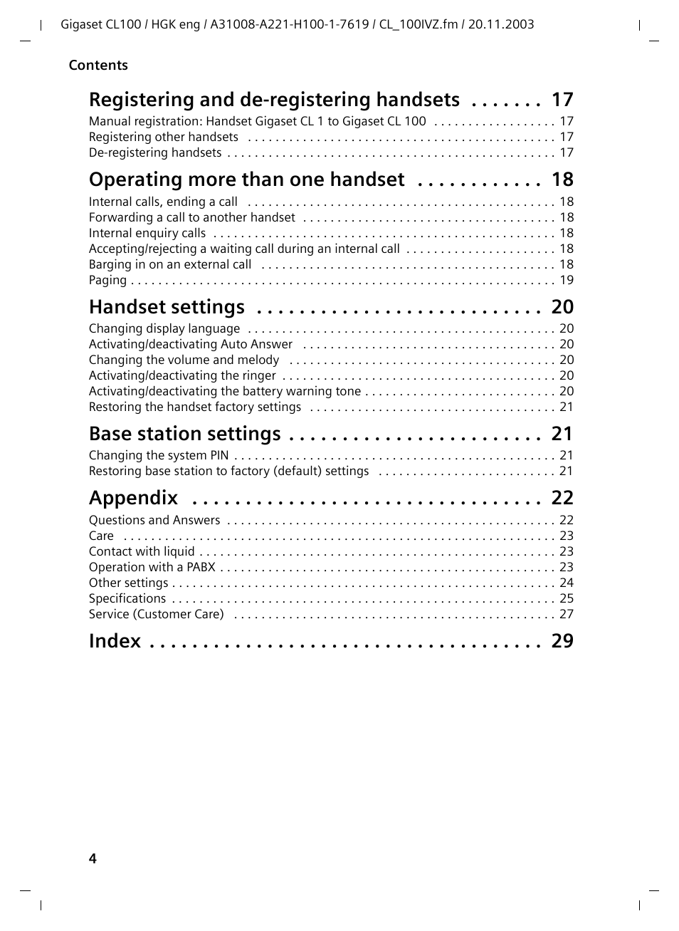 Registering and de-registering handsets, Operating more than one handset, Handset settings | Base station settings, Appendix, Index | Siemens Gigaset CL100 User Manual | Page 4 / 31