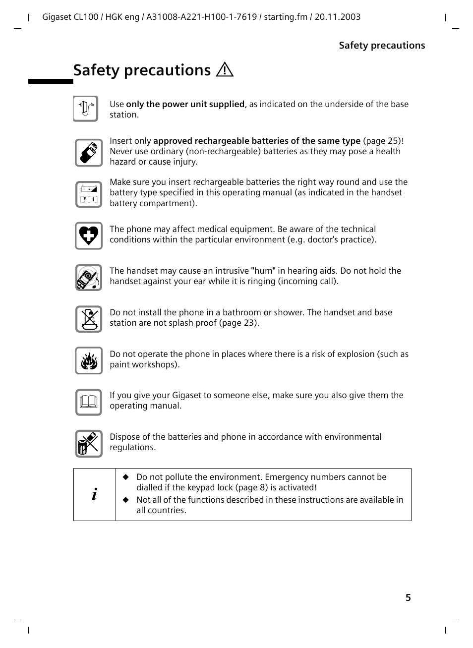 Safety precautions | Siemens Gigaset CL100 User Manual | Page 5 / 31