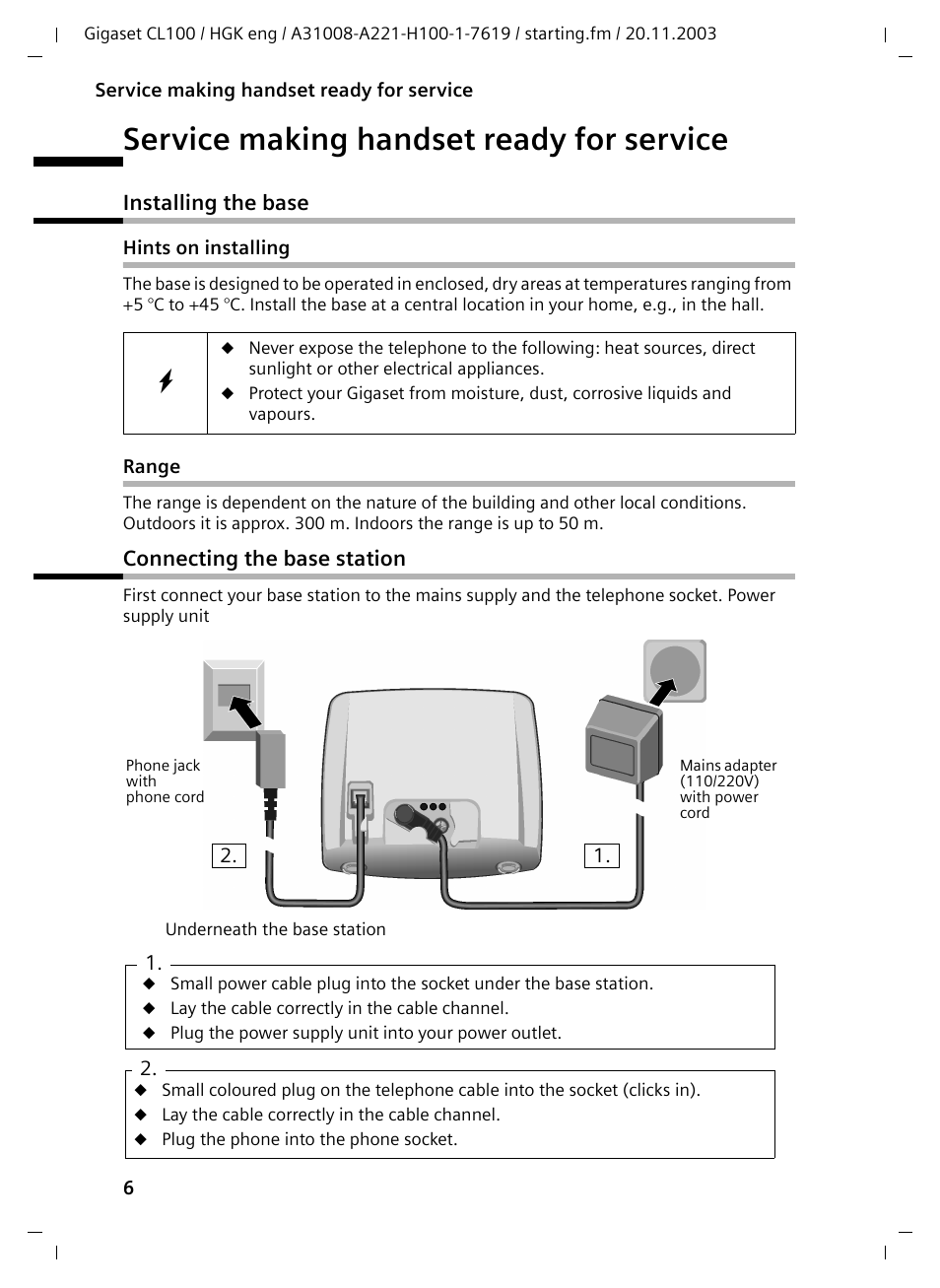 Service making handset ready for service, Installing the base, Hints on installing | Range, Connecting the base station, Installing the base connecting the base station | Siemens Gigaset CL100 User Manual | Page 6 / 31