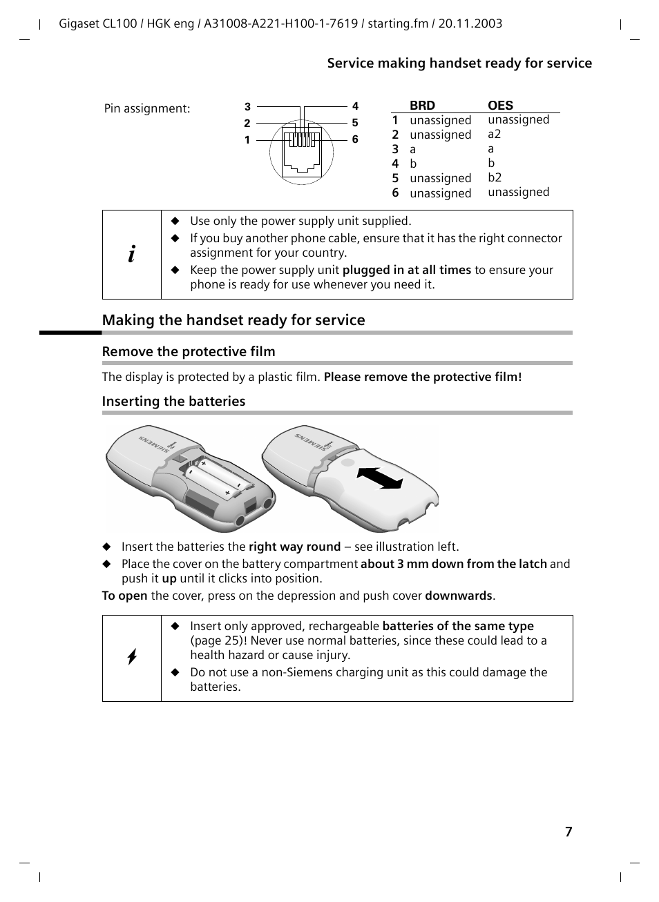 Making the handset ready for service, Remove the protective film, Inserting the batteries | Siemens Gigaset CL100 User Manual | Page 7 / 31