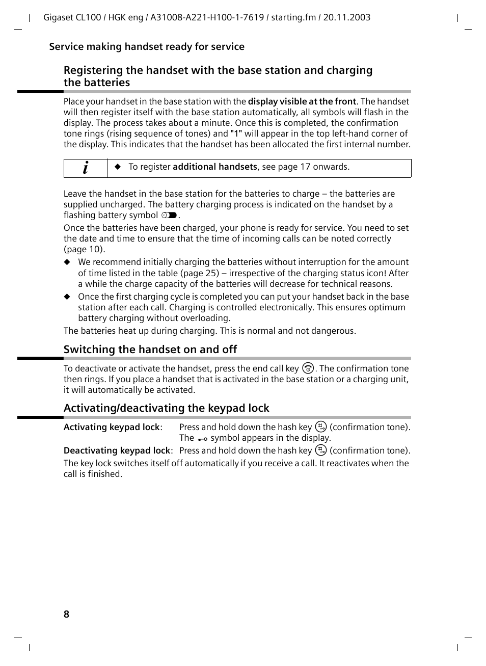 Switching the handset on and off, Activating/deactivating the keypad lock | Siemens Gigaset CL100 User Manual | Page 8 / 31