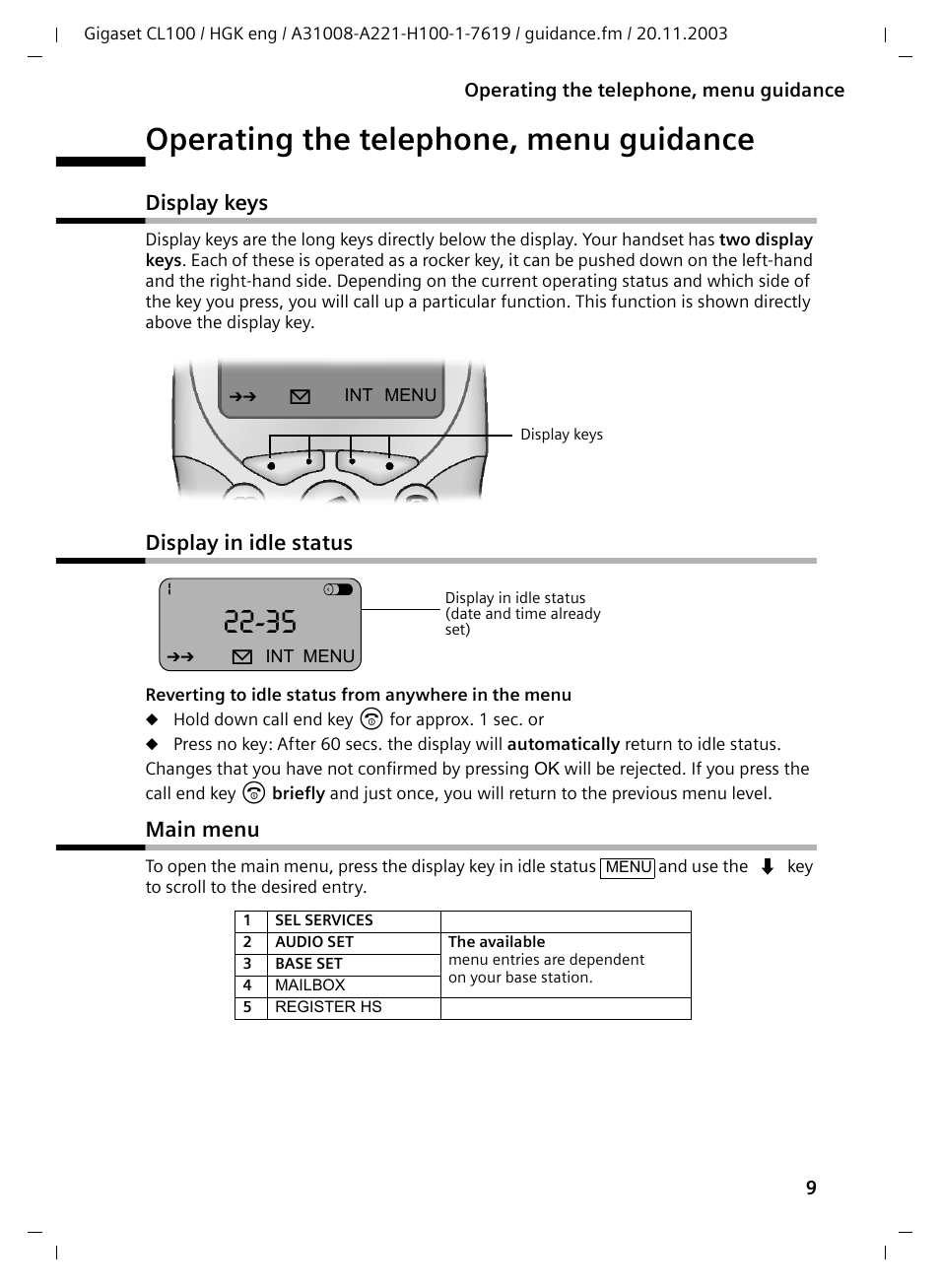 Operating the telephone, menu guidance, Display keys, Display in idle status | Main menu, Display keys display in idle status main menu | Siemens Gigaset CL100 User Manual | Page 9 / 31