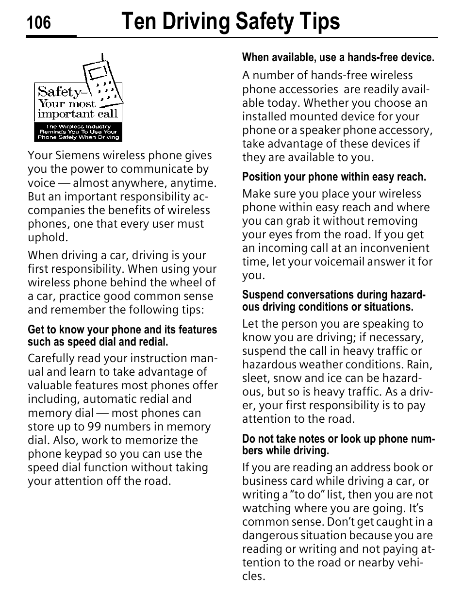 Ten driving safety tips | Siemens C56 User Manual | Page 107 / 114