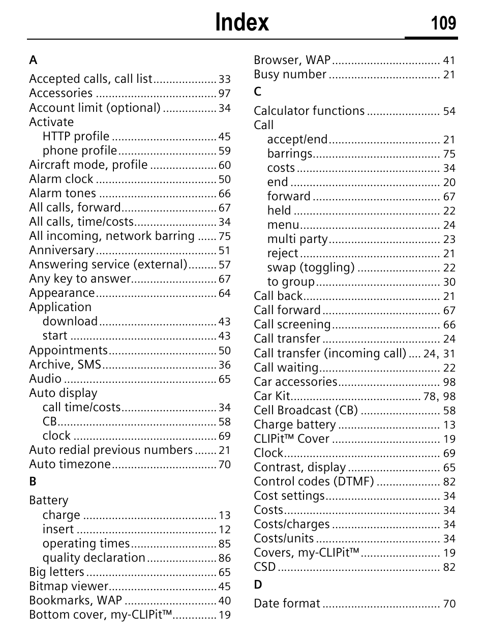Index | Siemens C56 User Manual | Page 110 / 114