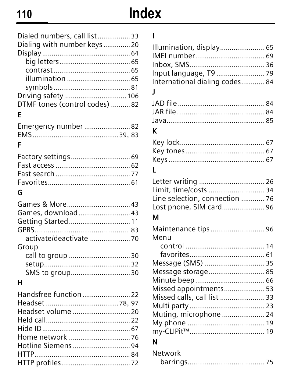 Index | Siemens C56 User Manual | Page 111 / 114