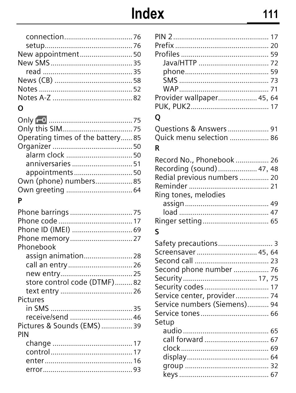 Index | Siemens C56 User Manual | Page 112 / 114