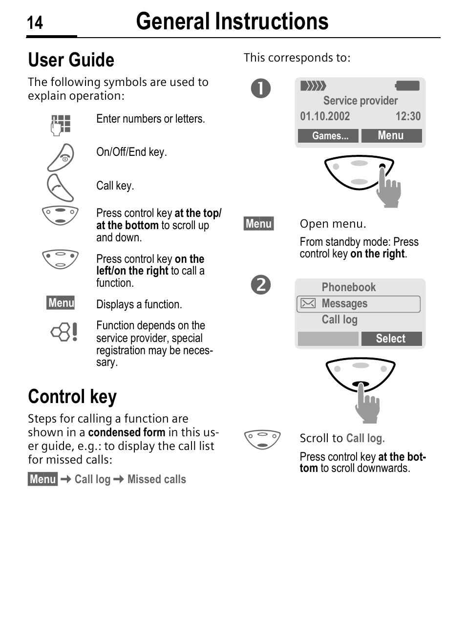 General instructions, User guide, Control key | Siemens C56 User Manual | Page 15 / 114