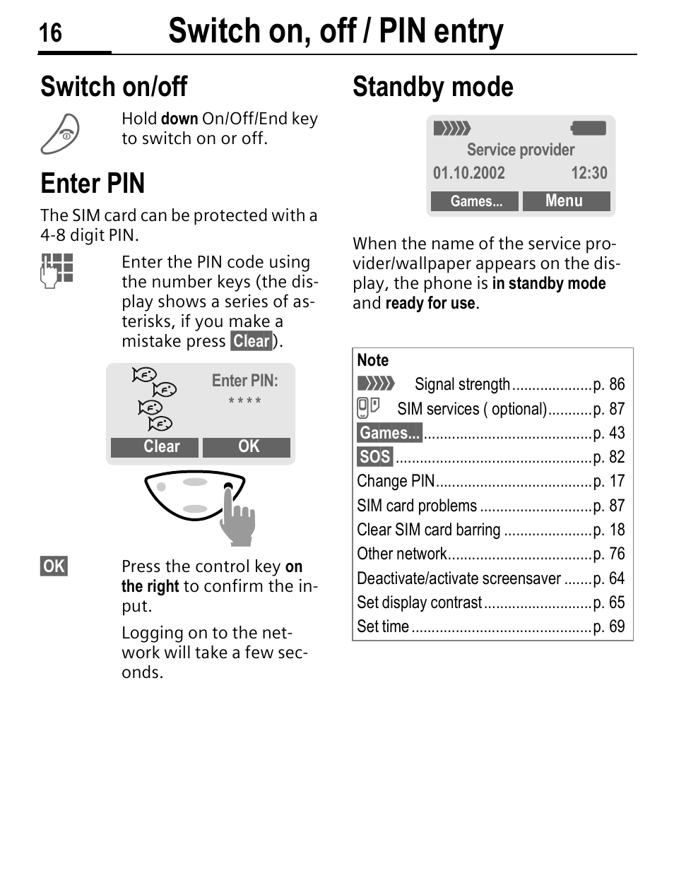 Switch on, off / pin entry, Switch on/off, Enter pin | Standby mode | Siemens C56 User Manual | Page 17 / 114