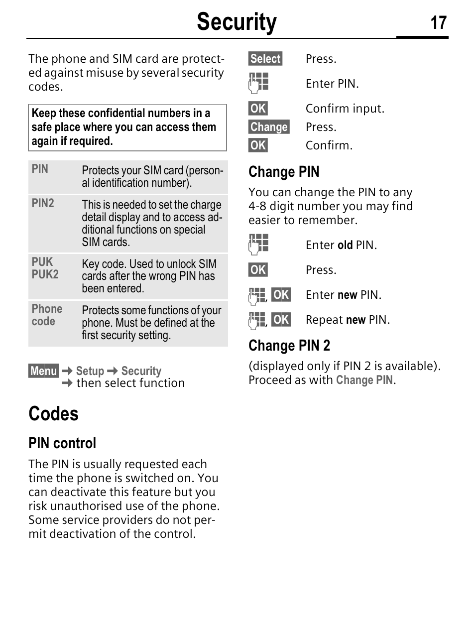 Security, Codes, Pin control | Change pin, Change pin 2 | Siemens C56 User Manual | Page 18 / 114