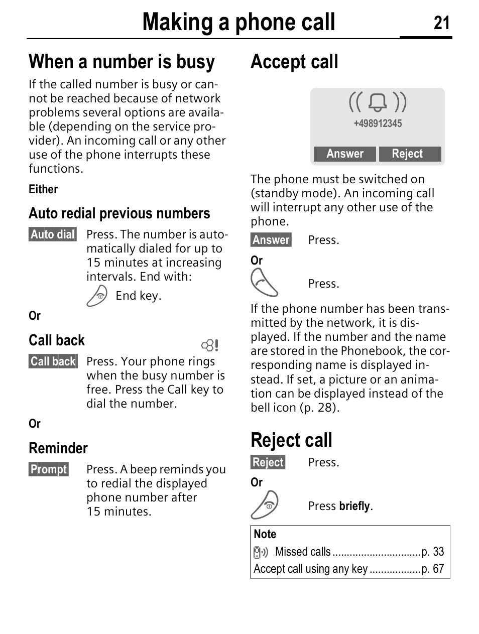 Making a phone call, When a number is busy, Accept call | Reject call | Siemens C56 User Manual | Page 22 / 114