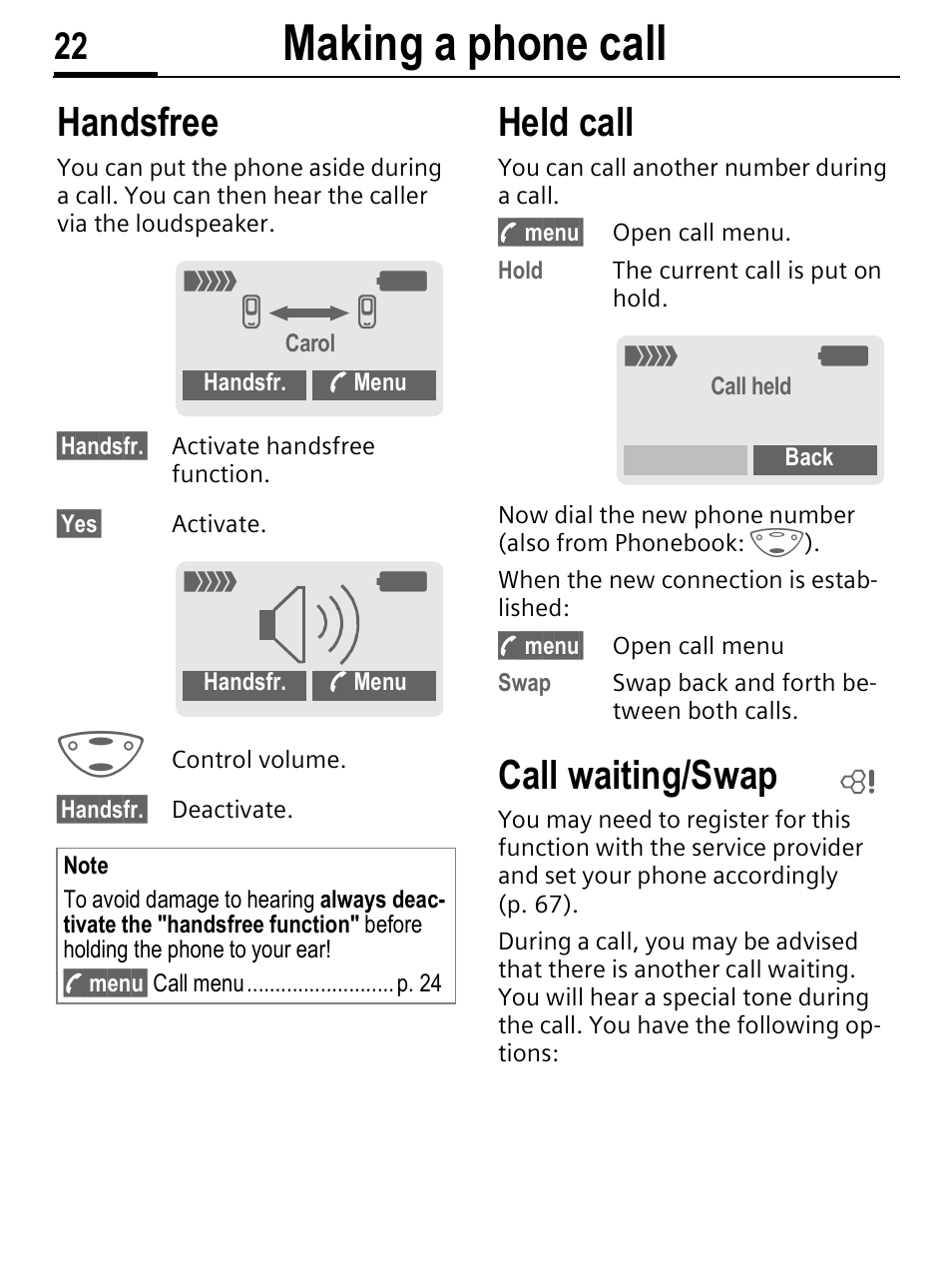 Making a phone call, Handsfree, Held call | Call waiting/swap | Siemens C56 User Manual | Page 23 / 114