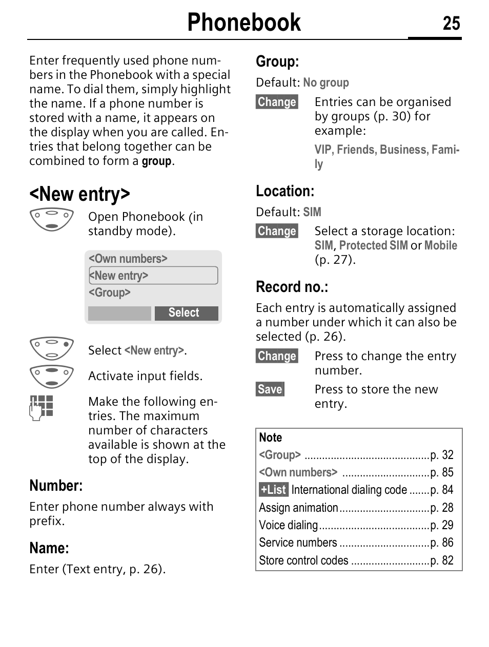 Phonebook, New entry, Number | Name, Group, Location, Record no | Siemens C56 User Manual | Page 26 / 114