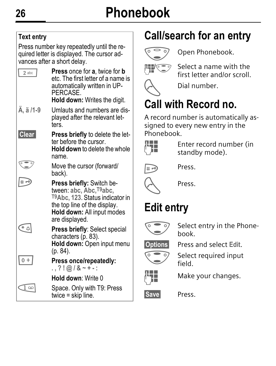 Phonebook, Call/search for an entry, Call with record no | Edit entry | Siemens C56 User Manual | Page 27 / 114