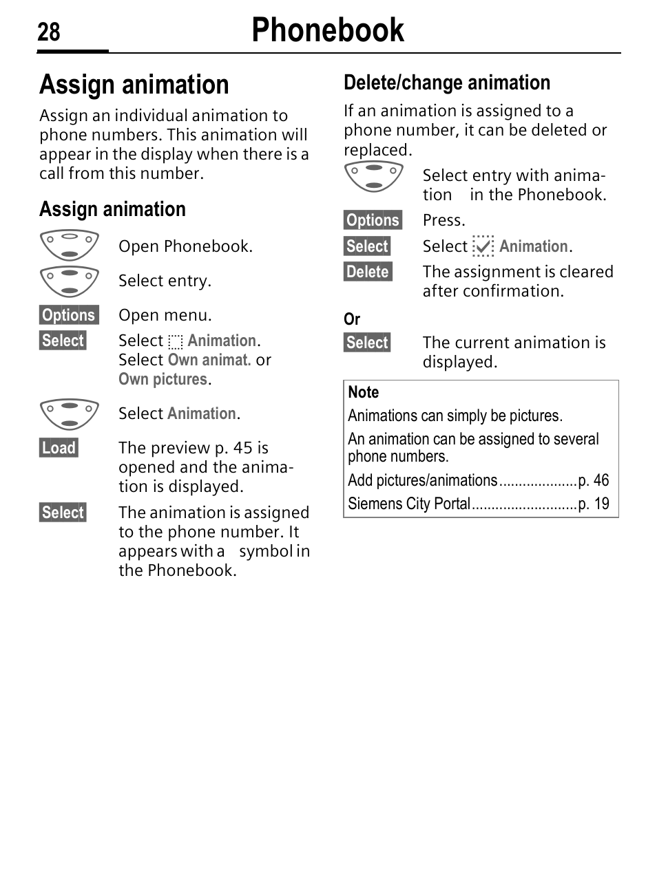 Phonebook, Assign animation | Siemens C56 User Manual | Page 29 / 114