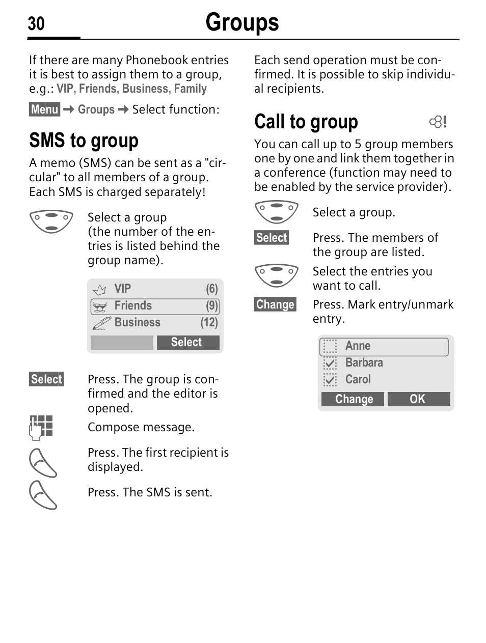 Groups, Sms to group, Call to group | Siemens C56 User Manual | Page 31 / 114