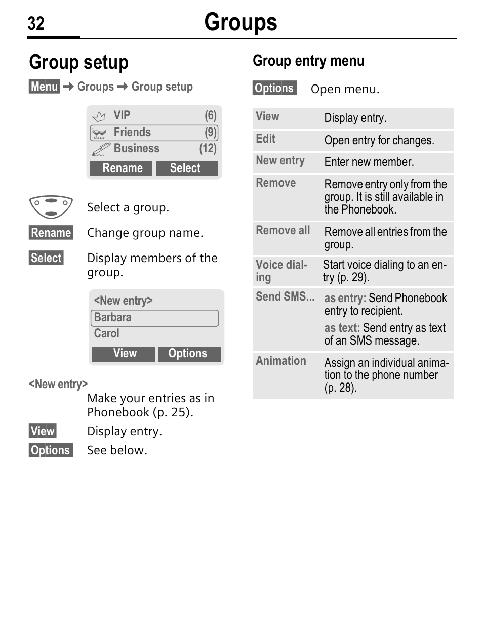 Groups, Group setup, Group entry menu | Siemens C56 User Manual | Page 33 / 114