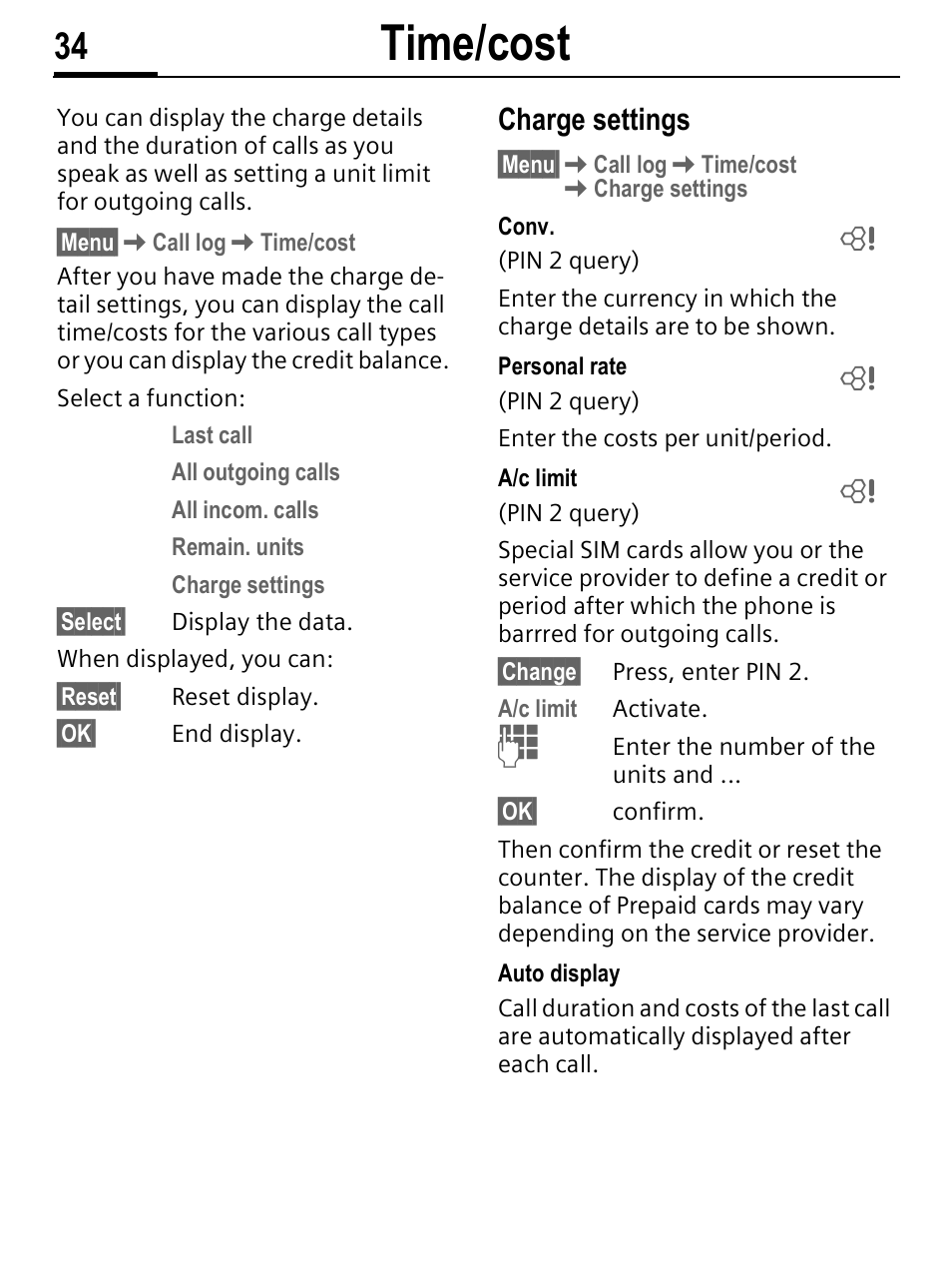 Time/cost, Charge settings | Siemens C56 User Manual | Page 35 / 114