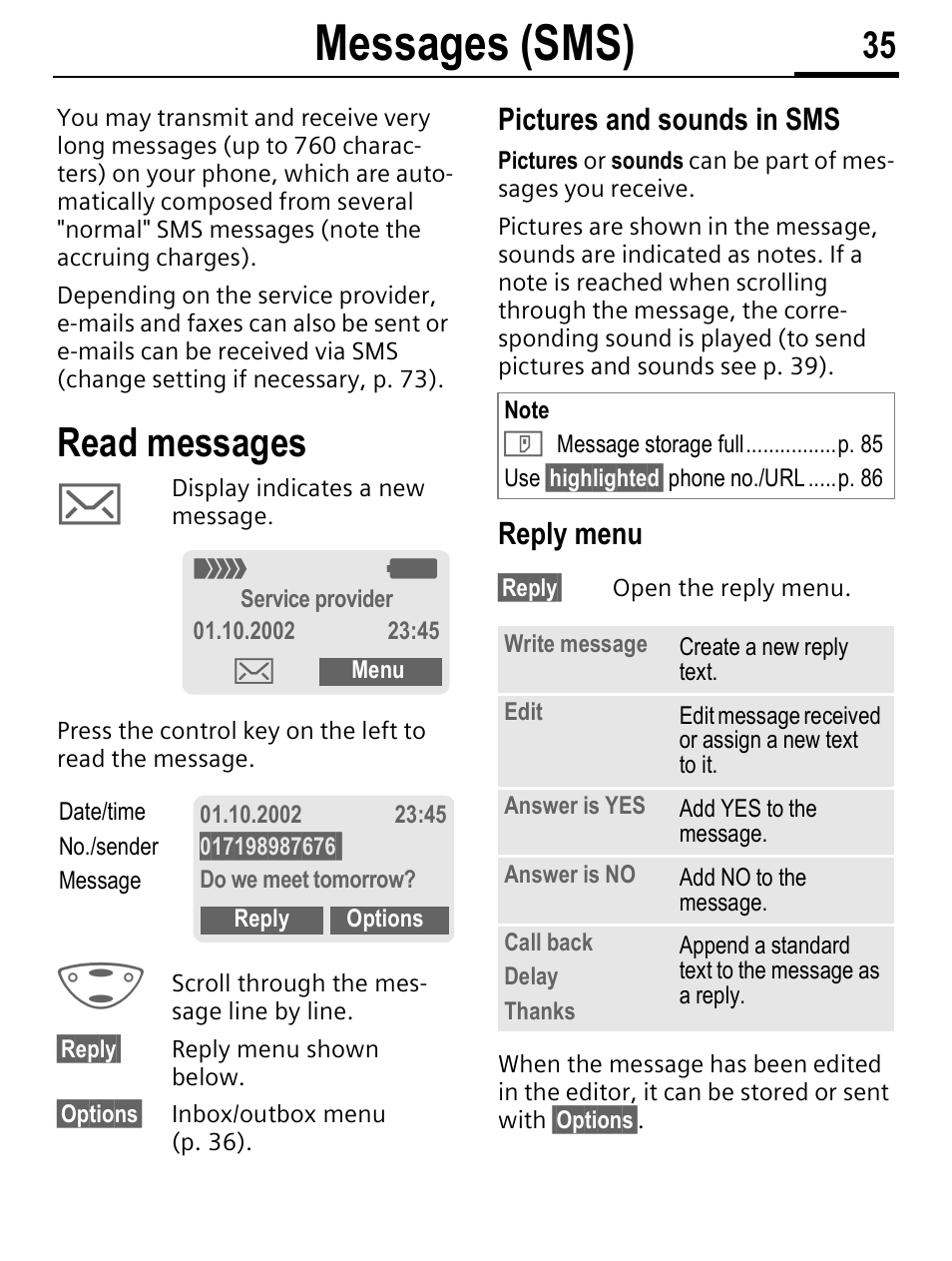 Messages (sms), Read messages, Pictures and sounds in sms | Reply menu | Siemens C56 User Manual | Page 36 / 114