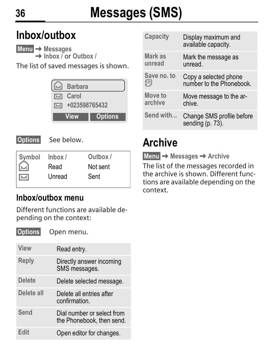 Messages (sms), Inbox/outbox, Archive | Inbox/outbox menu | Siemens C56 User Manual | Page 37 / 114