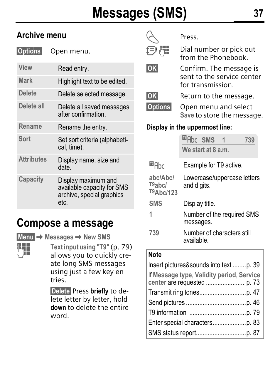 Messages (sms), Compose a message, Archive menu | Siemens C56 User Manual | Page 38 / 114