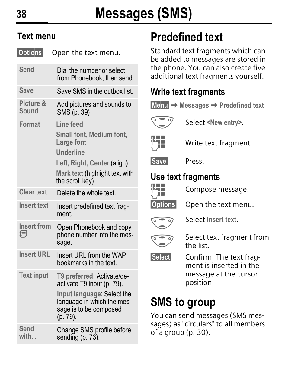 Messages (sms), Predefined text, Sms to group | Text menu, Write text fragments, Use text fragments | Siemens C56 User Manual | Page 39 / 114