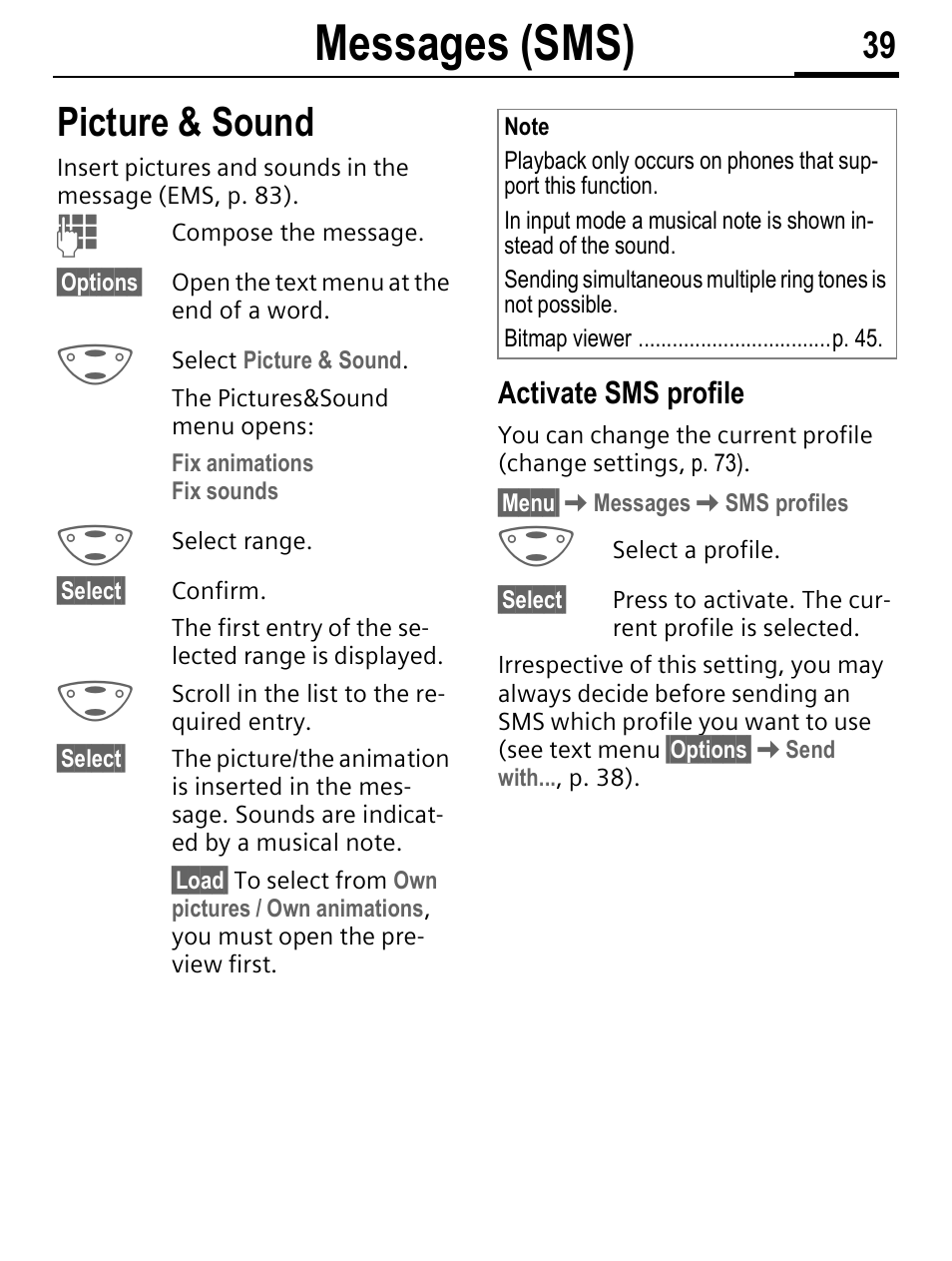 Messages (sms), Picture & sound, Activate sms profile | Siemens C56 User Manual | Page 40 / 114