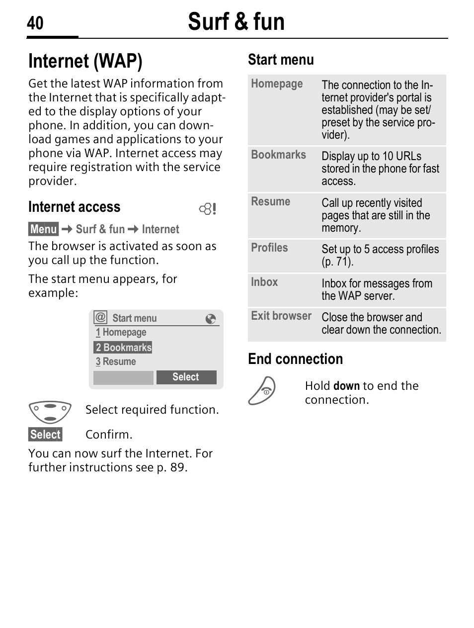 Surf & fun, Internet (wap), Internet access | Start menu end connection | Siemens C56 User Manual | Page 41 / 114