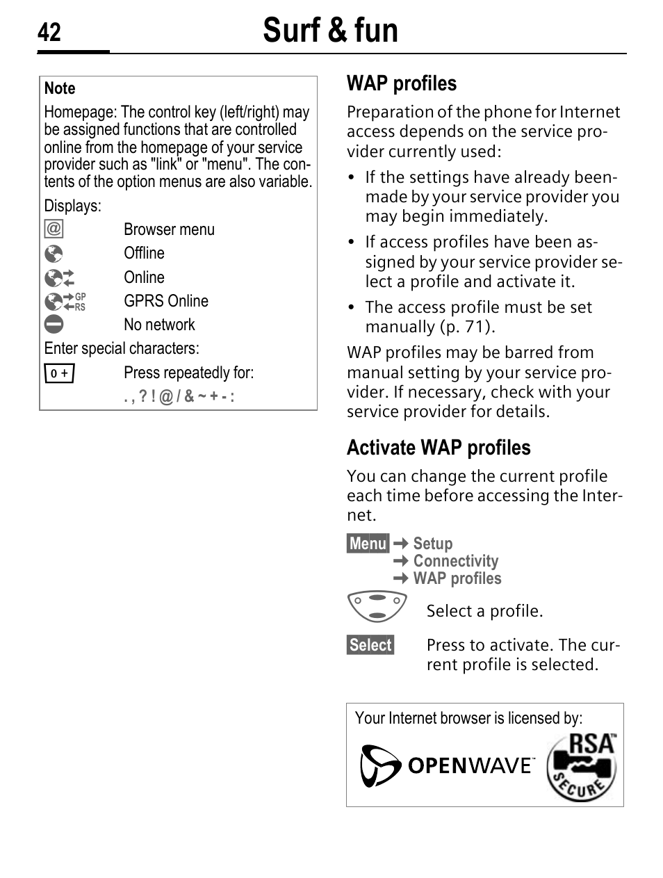 Surf & fun, Wap profiles, Activate wap profiles | Siemens C56 User Manual | Page 43 / 114